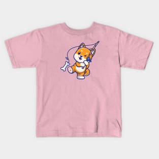 Cute Shiba Inu Dog Fishing Bone Cartoon Kids T-Shirt